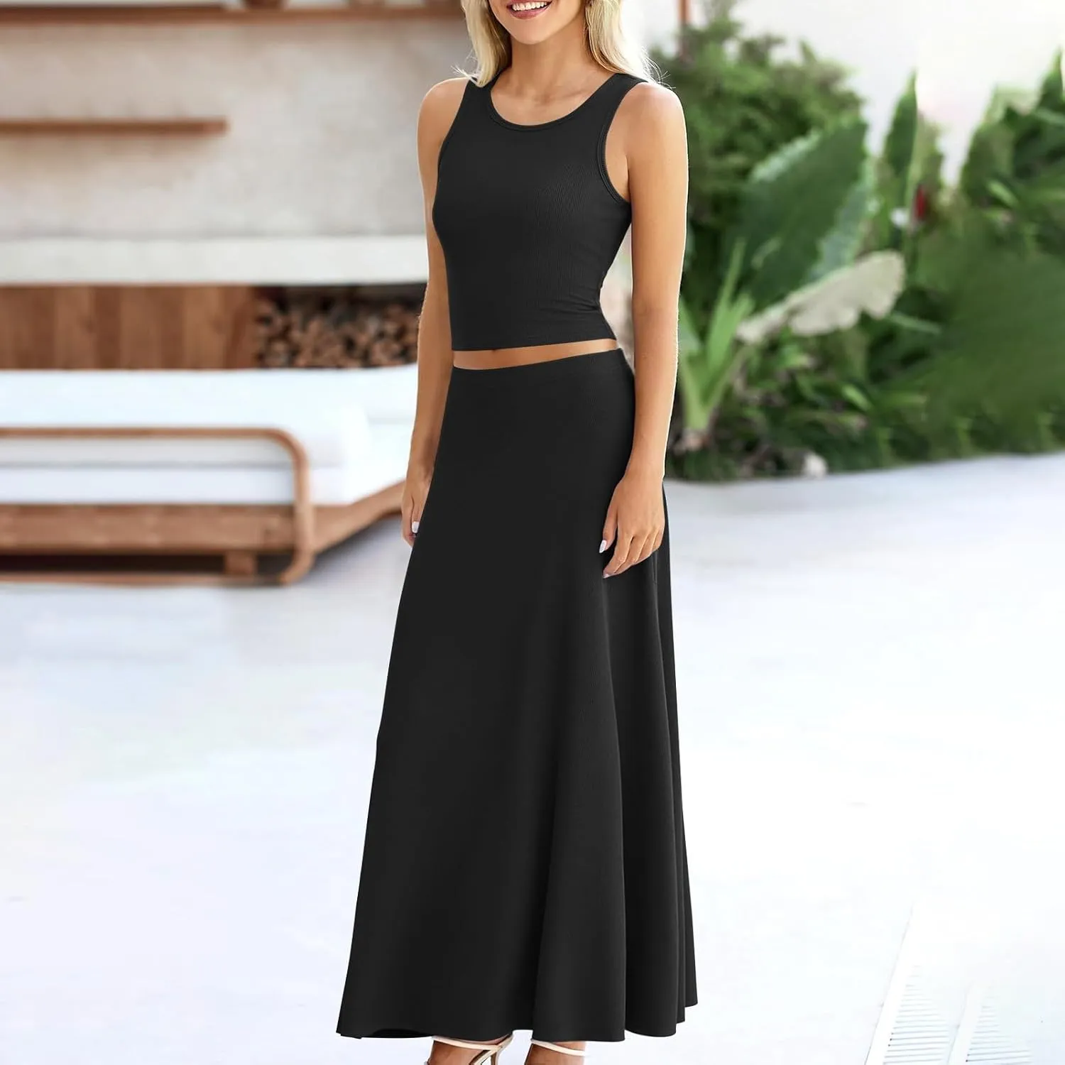 Oplxuo Women 2 Piece Outfits Summer Ribbed Sleeveless Tank Tops High Waist Maxi Skirt Set Solid Color Beach Vacation Outfits