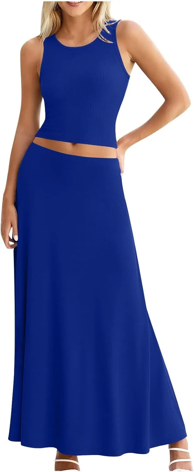 Oplxuo Women 2 Piece Outfits Summer Ribbed Sleeveless Tank Tops High Waist Maxi Skirt Set Solid Color Beach Vacation Outfits
