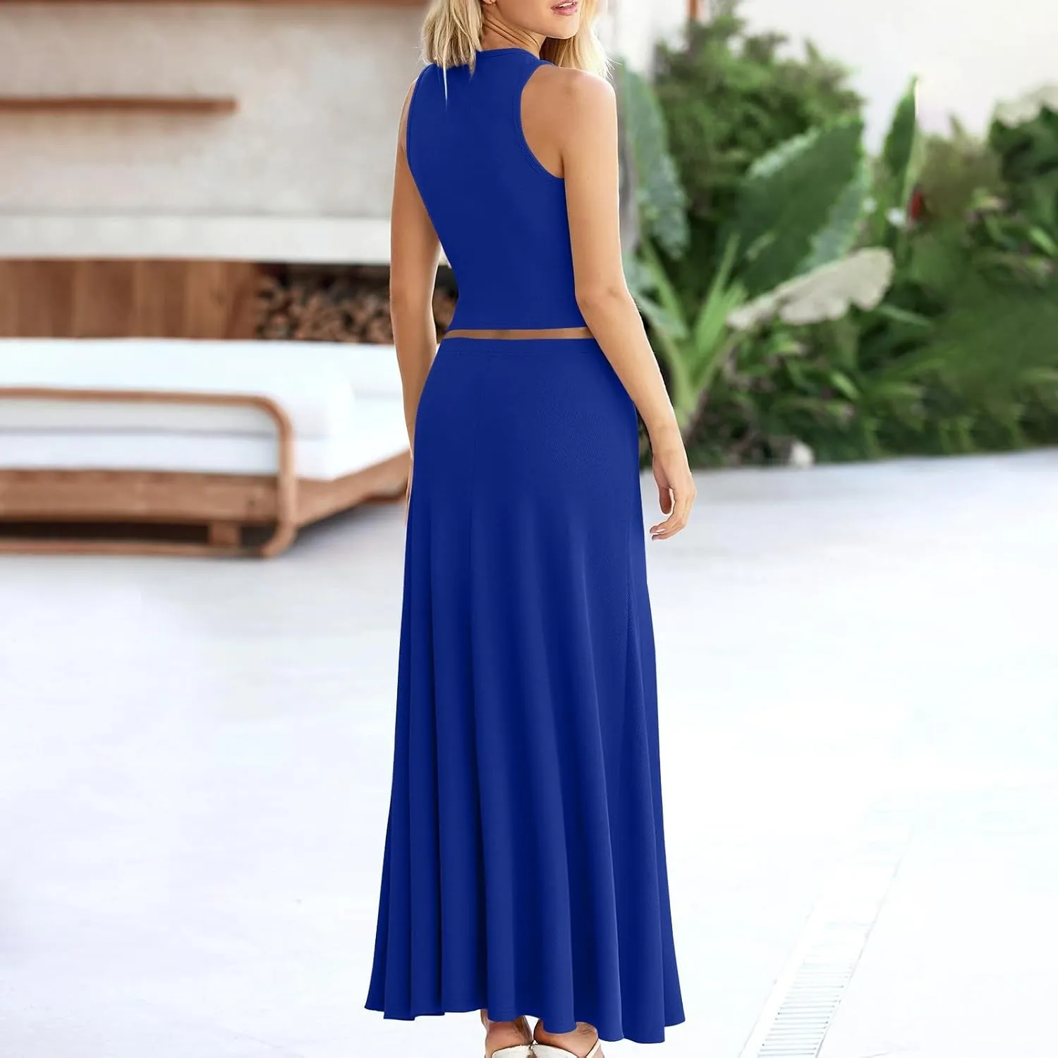 Oplxuo Women 2 Piece Outfits Summer Ribbed Sleeveless Tank Tops High Waist Maxi Skirt Set Solid Color Beach Vacation Outfits