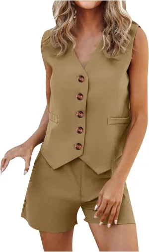 Oplxuo Womens Summer 2 Piece Sets V Neck Sleeveless Button Down Blazer Vest and High Waisted Work Suit Short Set