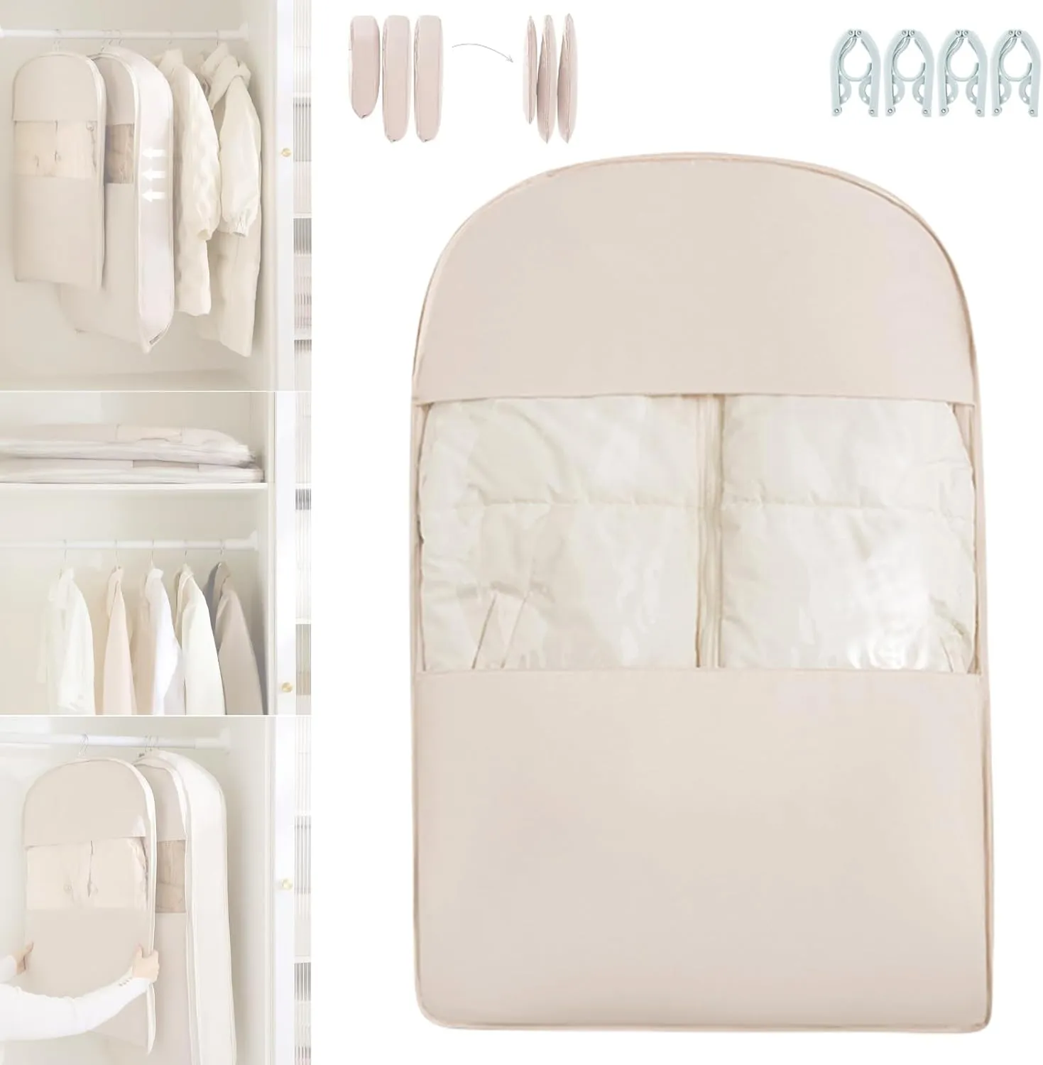 Otherwise Garment Bag,Space Saving Hanging Garment Bag with Self Compression Zipper, Space Saver Coat Storage Bag for Closet Storage, Dust Cover Clothes Bags for Down Coat (Beige-M)