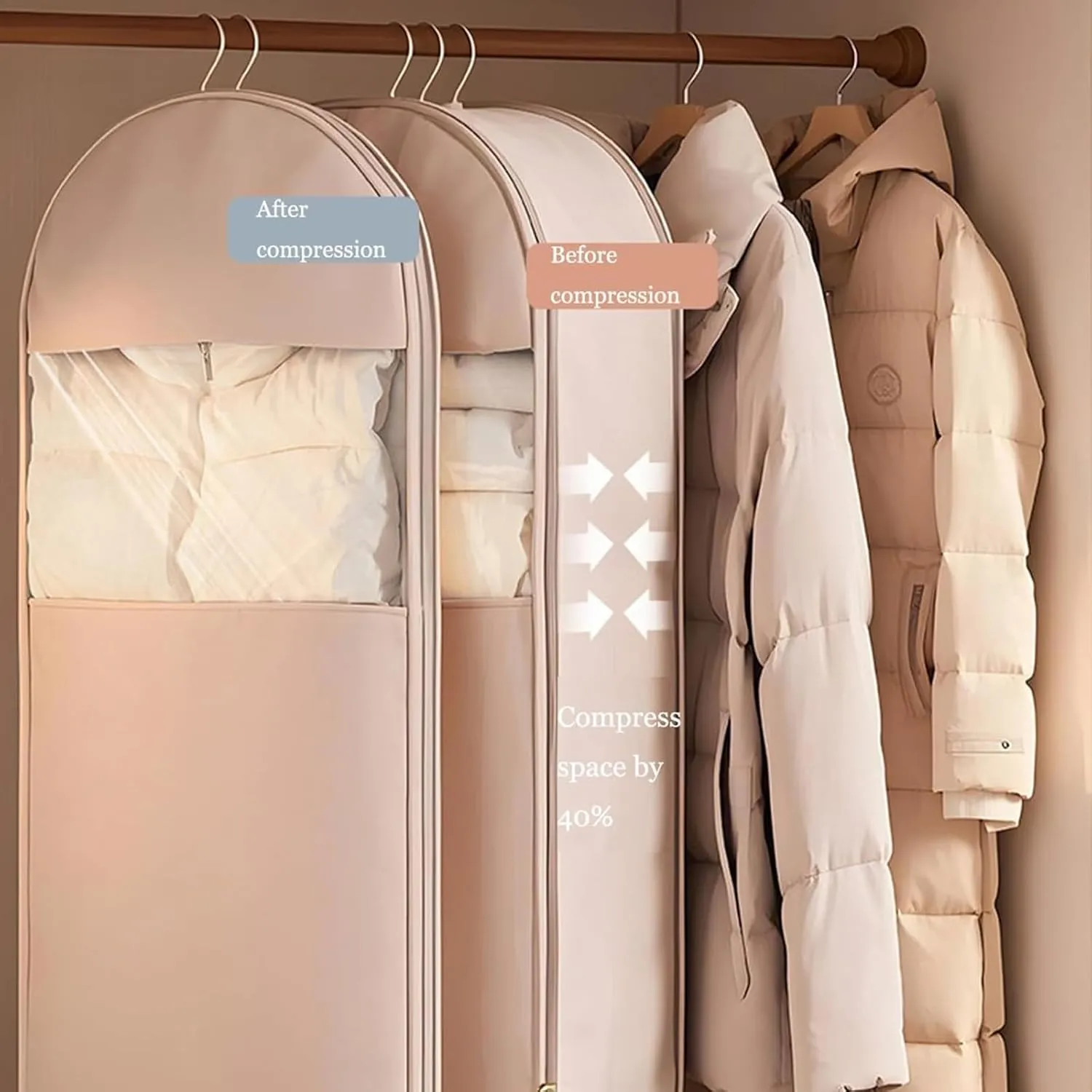 Otherwise Garment Bag,Space Saving Hanging Garment Bag with Self Compression Zipper, Space Saver Coat Storage Bag for Closet Storage, Dust Cover Clothes Bags for Down Coat (Beige-M)