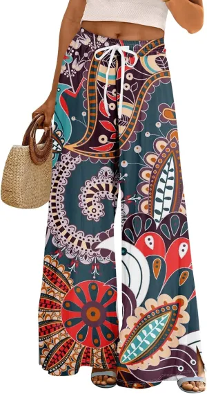 Palazzo Pants for Women Casual Boho Wide Leg Elastic High Waist Adjustable Knot Flowy Pants with Pockets