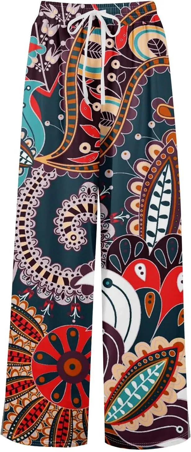 Palazzo Pants for Women Casual Boho Wide Leg Elastic High Waist Adjustable Knot Flowy Pants with Pockets