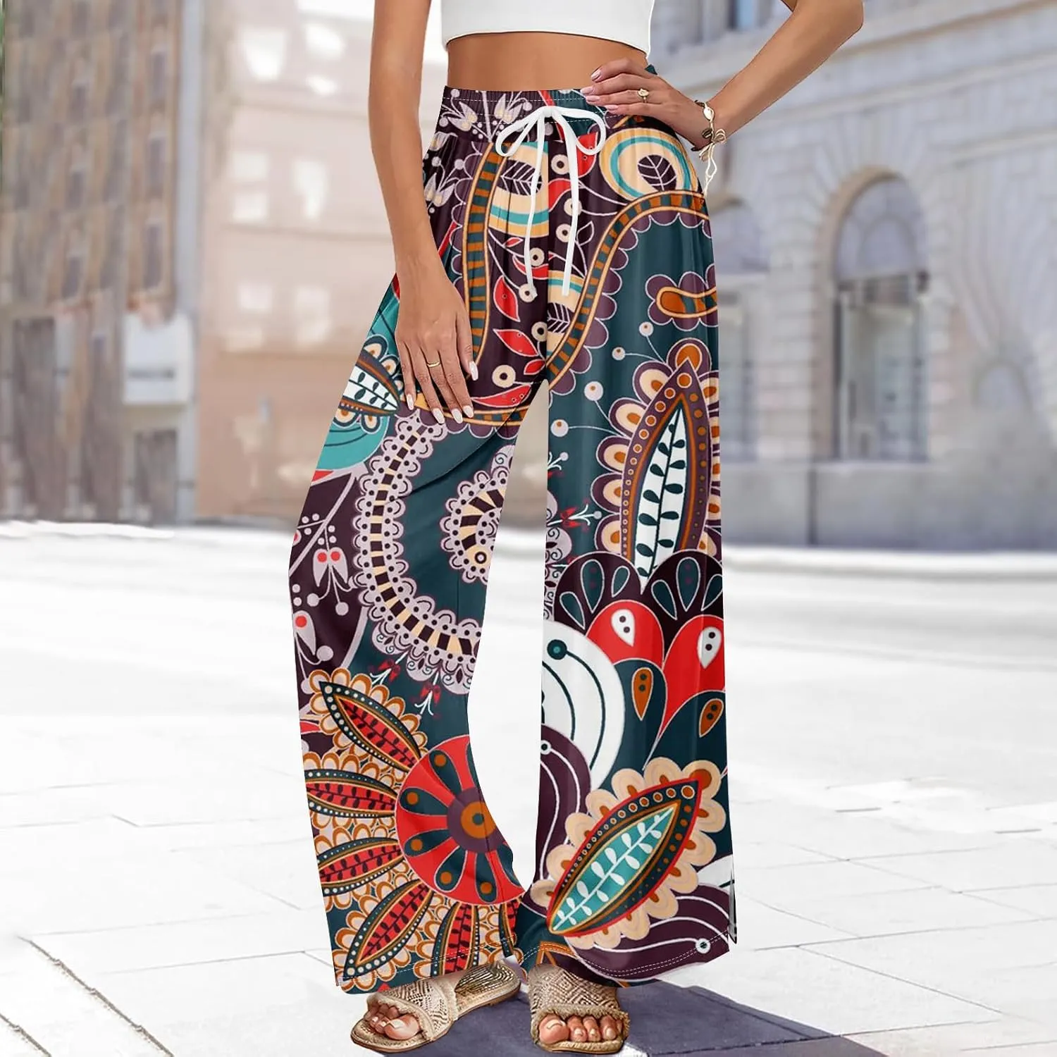 Palazzo Pants for Women Casual Boho Wide Leg Elastic High Waist Adjustable Knot Flowy Pants with Pockets
