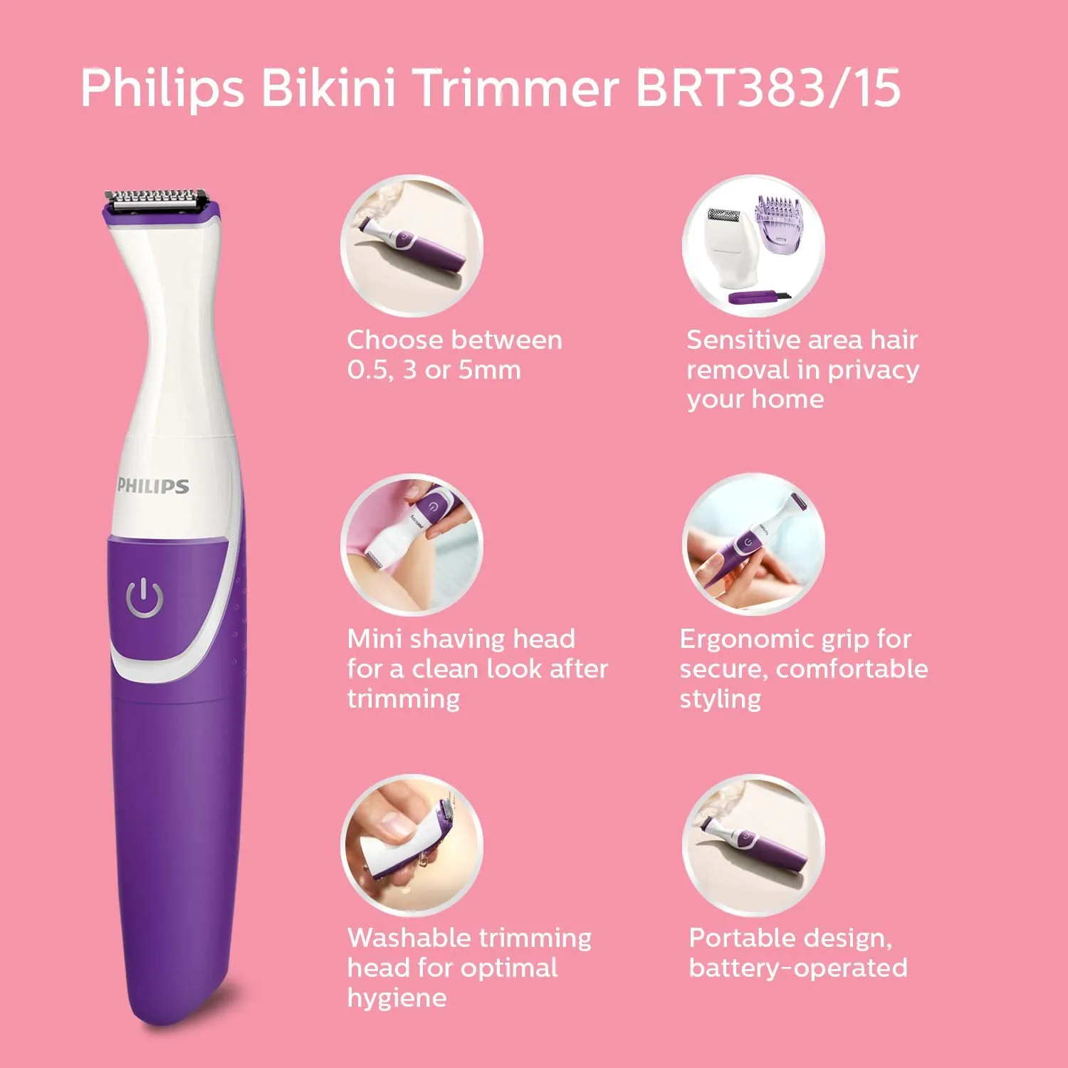 Philips BRT383/15 Bikini Trimmer for Women Rechargeable Cordless Wet & Dry Trimmer with 3 Length Settings 180mins Runtime