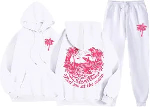 Pink Tracksuit For Women Y2K Drawstring Pullover Shirt Jogger Sweatpant Aesthetic Preppy Hoodies For Teen Girls Baggy