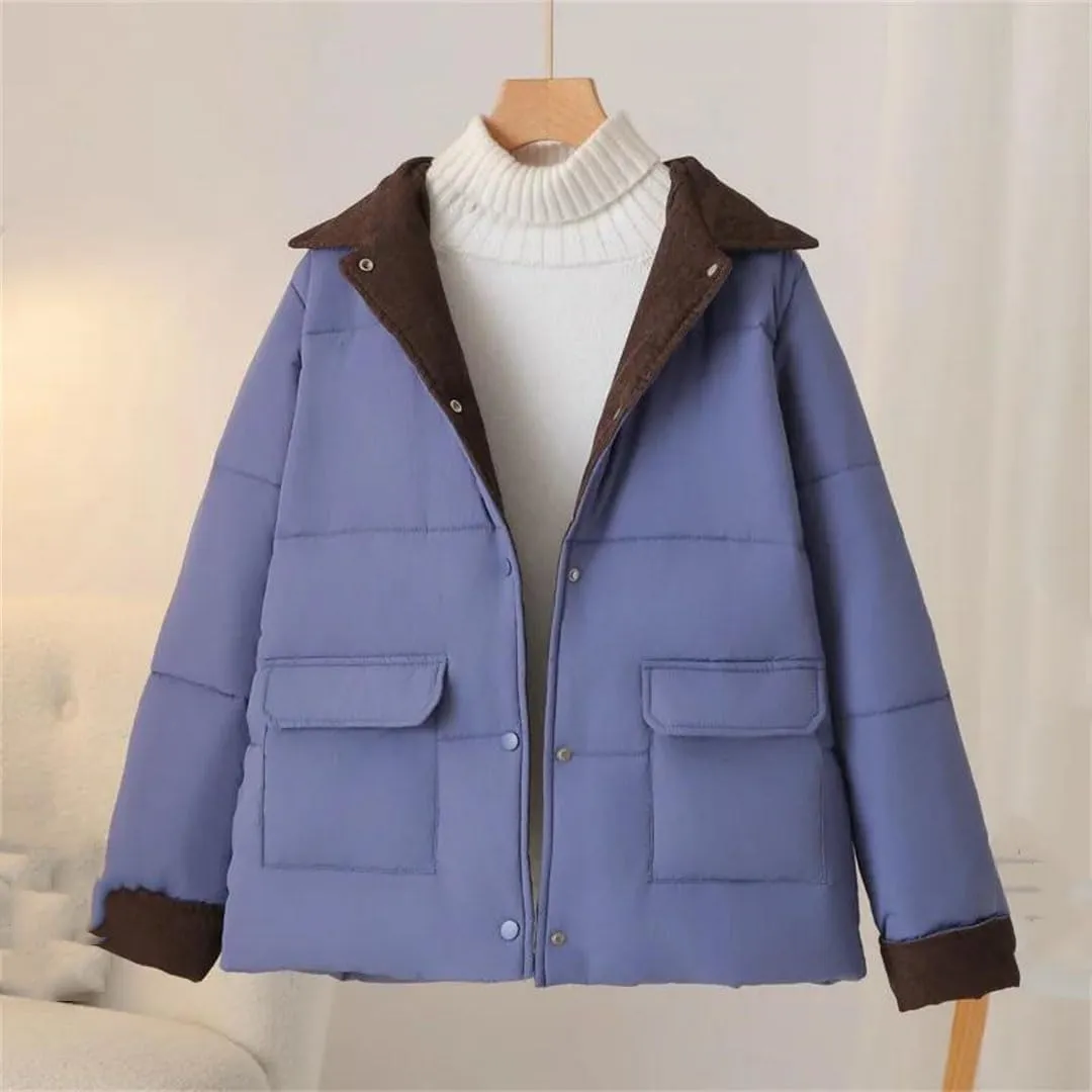 Plus Size Women Parka Winter Wear Loose Corduroy Splicing Cotton-Padded Coat