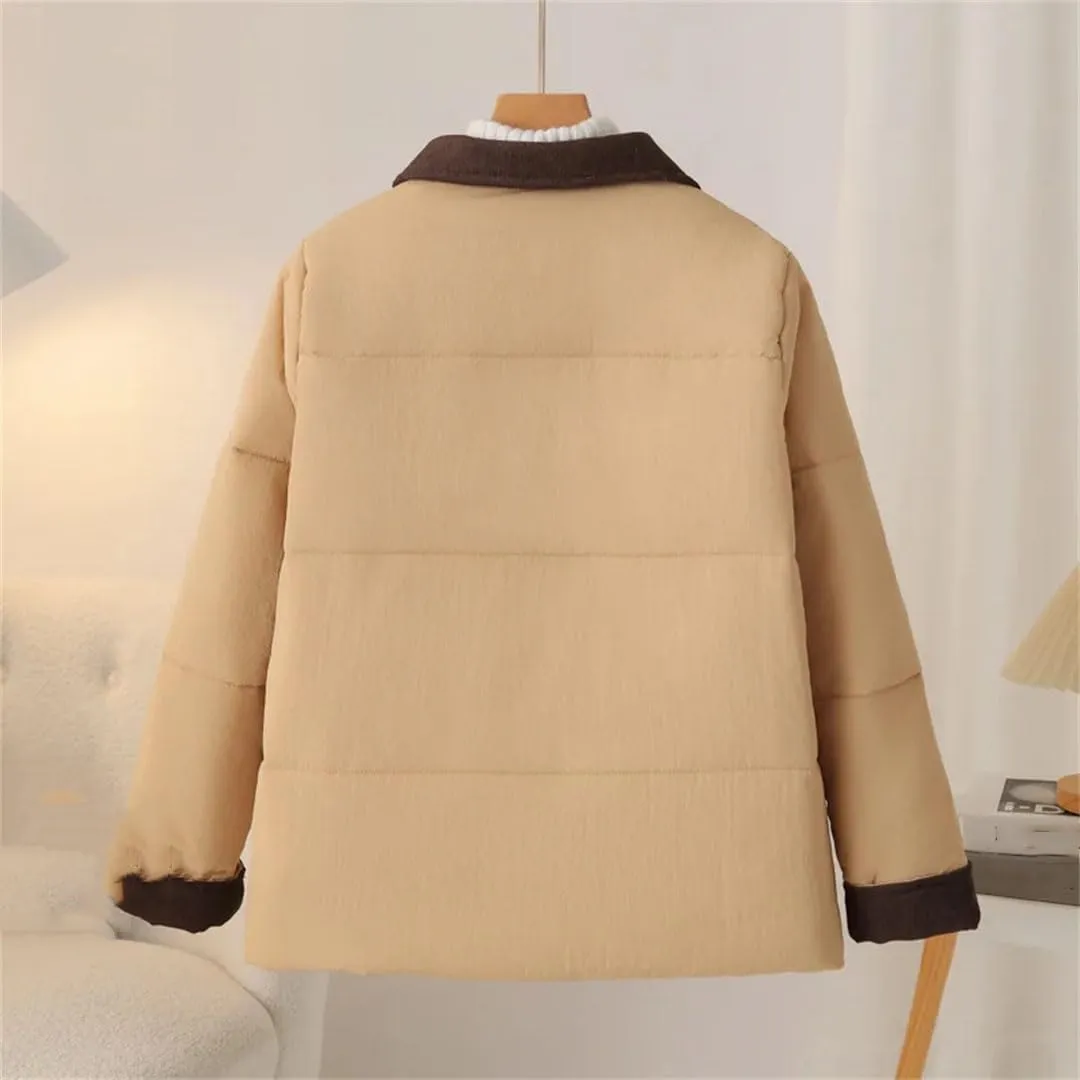 Plus Size Women Parka Winter Wear Loose Corduroy Splicing Cotton-Padded Coat