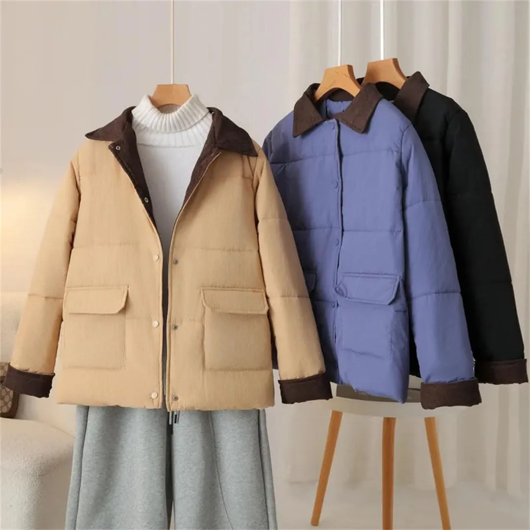 Plus Size Women Parka Winter Wear Loose Corduroy Splicing Cotton-Padded Coat