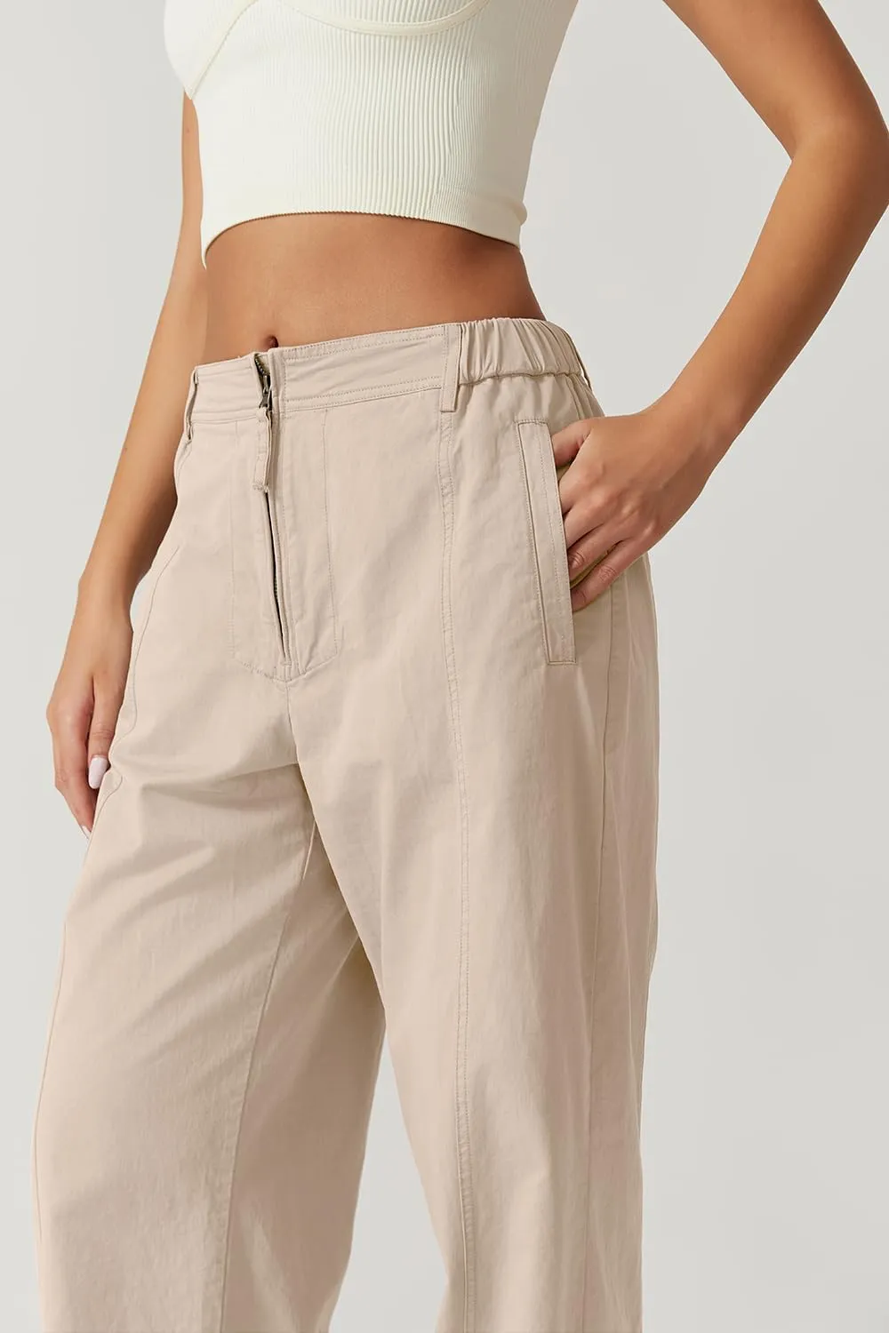 QINSEN Womens Zip Front Wide Leg Long Pants High Waist Causal Cargo Pants Cotton Pocket Palazzo Pants