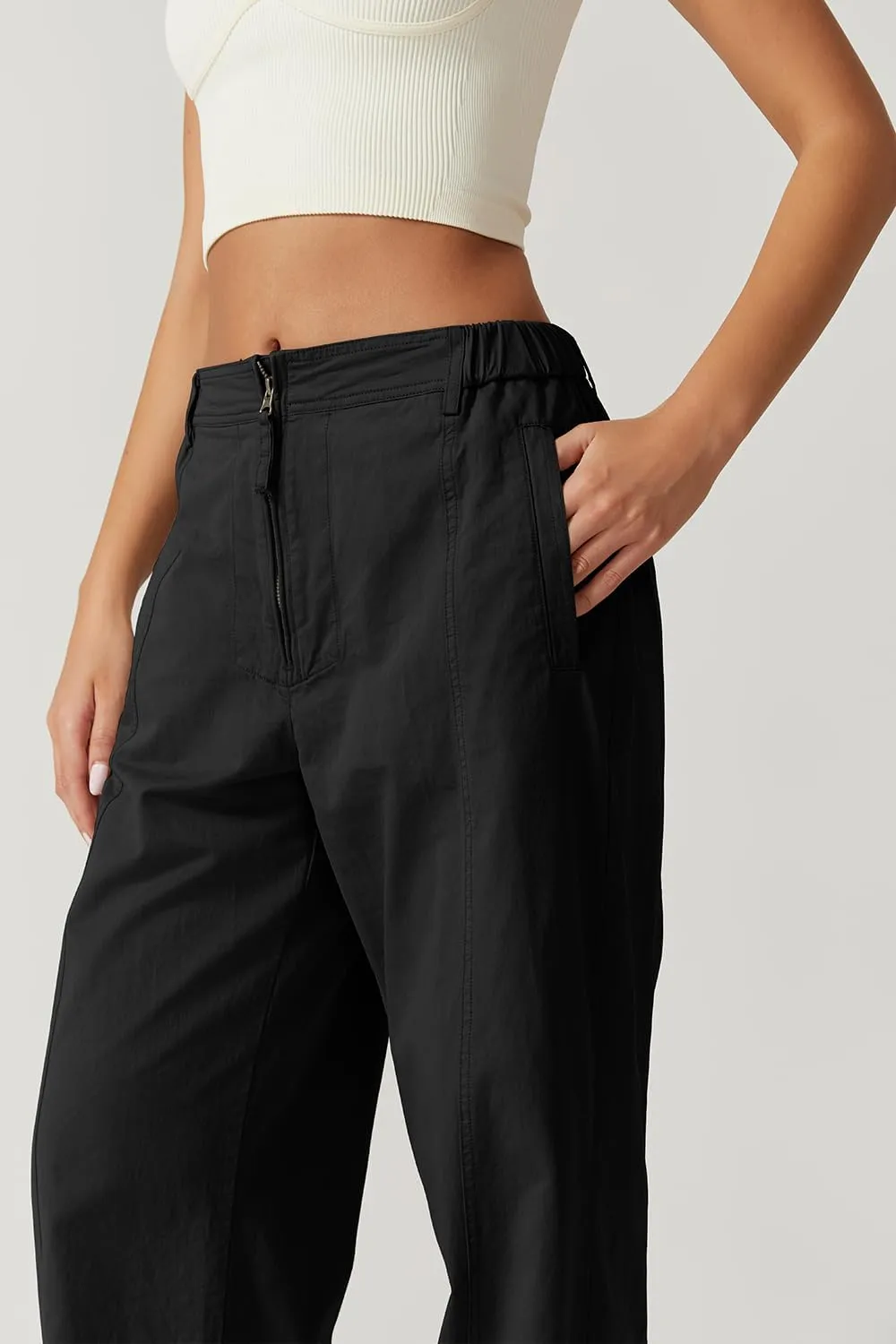 QINSEN Womens Zip Front Wide Leg Long Pants High Waist Causal Cargo Pants Cotton Pocket Palazzo Pants