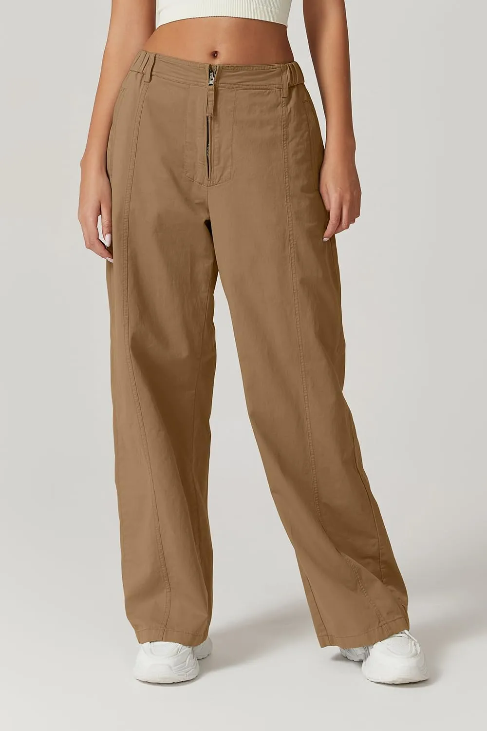 QINSEN Womens Zip Front Wide Leg Long Pants High Waist Causal Cargo Pants Cotton Pocket Palazzo Pants