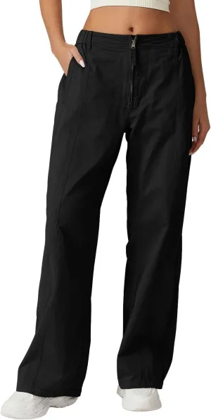 QINSEN Womens Zip Front Wide Leg Long Pants High Waist Causal Cargo Pants Cotton Pocket Palazzo Pants