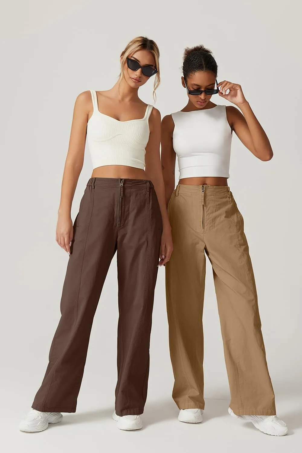 QINSEN Womens Zip Front Wide Leg Long Pants High Waist Causal Cargo Pants Cotton Pocket Palazzo Pants