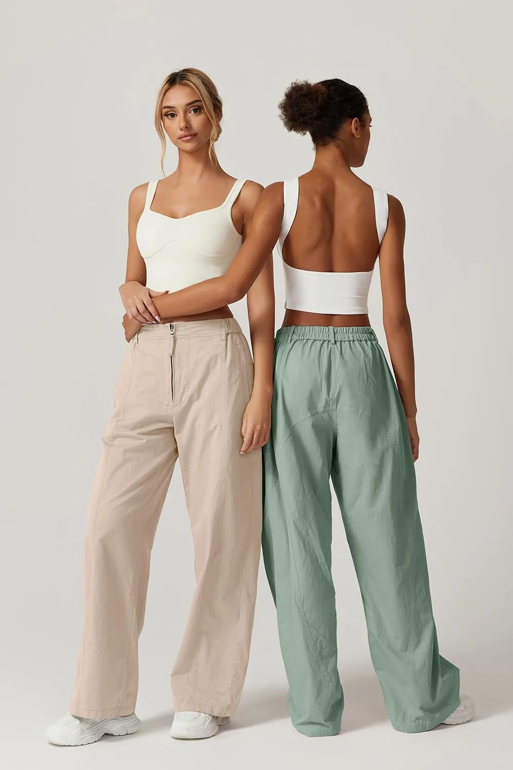 QINSEN Womens Zip Front Wide Leg Long Pants High Waist Causal Cargo Pants Cotton Pocket Palazzo Pants