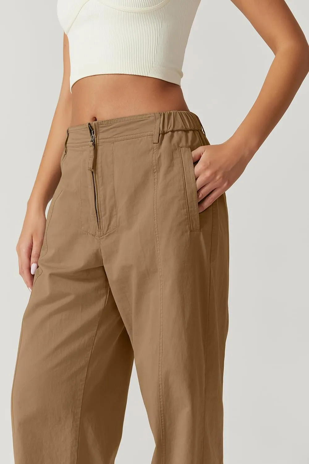 QINSEN Womens Zip Front Wide Leg Long Pants High Waist Causal Cargo Pants Cotton Pocket Palazzo Pants