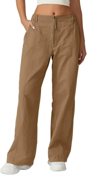 QINSEN Womens Zip Front Wide Leg Long Pants High Waist Causal Cargo Pants Cotton Pocket Palazzo Pants