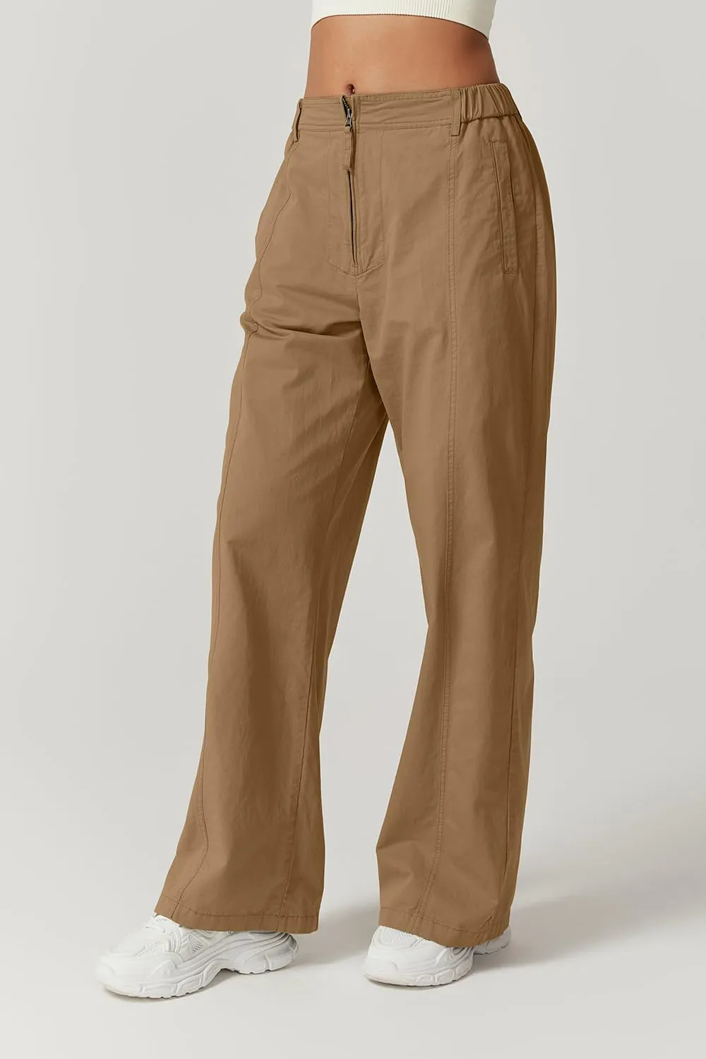 QINSEN Womens Zip Front Wide Leg Long Pants High Waist Causal Cargo Pants Cotton Pocket Palazzo Pants