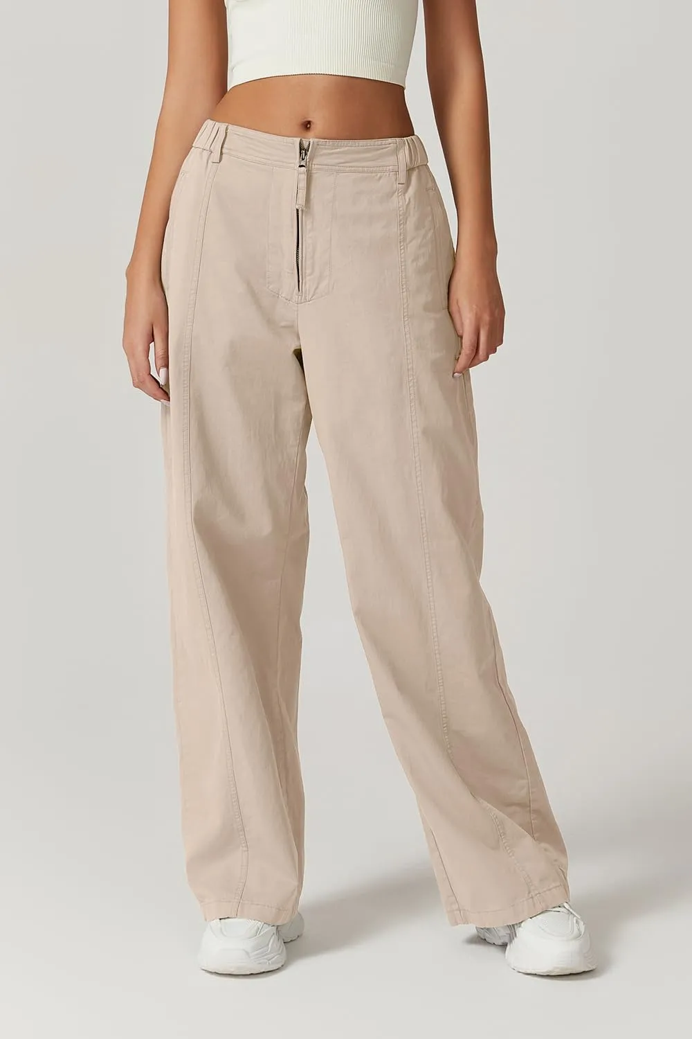 QINSEN Womens Zip Front Wide Leg Long Pants High Waist Causal Cargo Pants Cotton Pocket Palazzo Pants