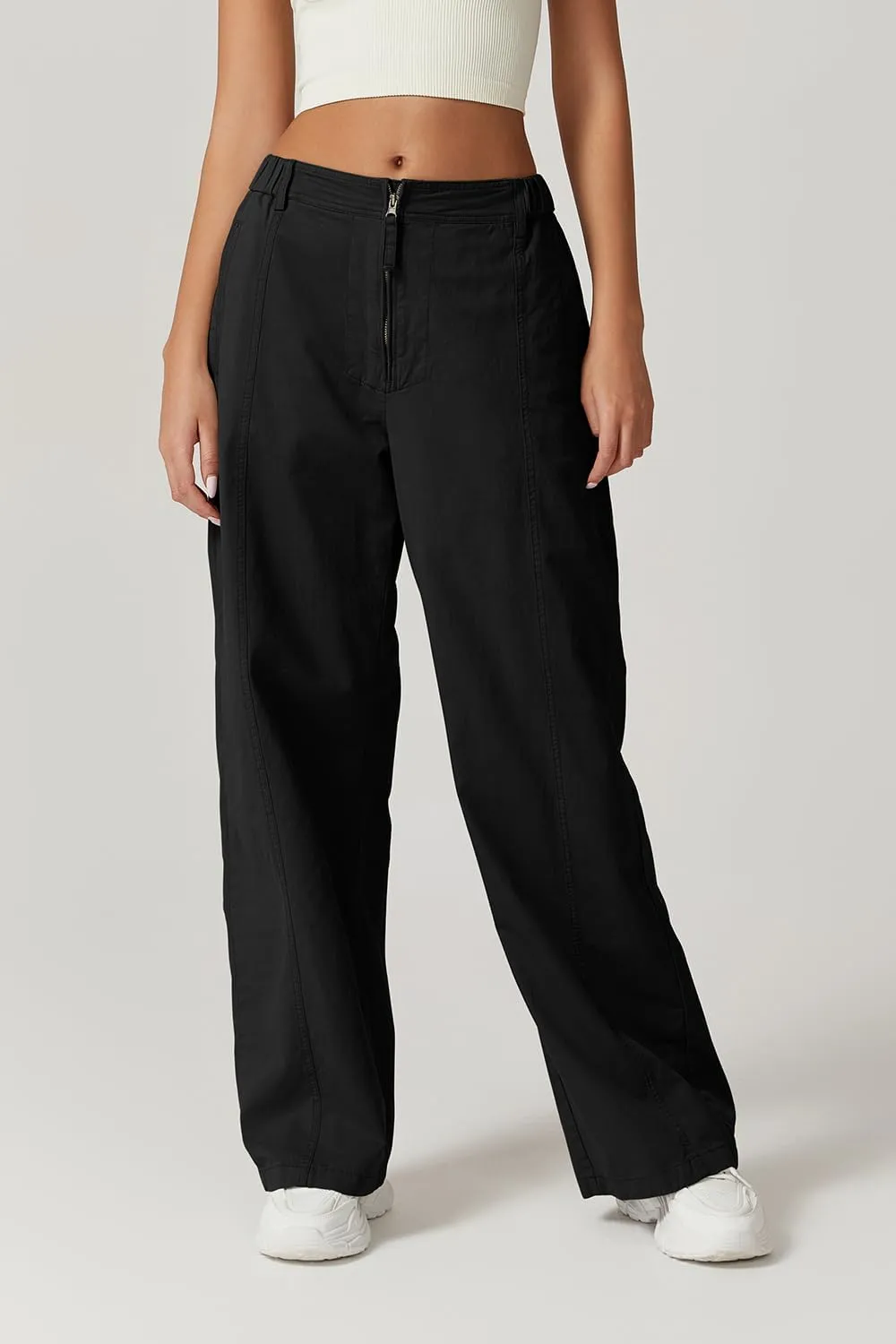 QINSEN Womens Zip Front Wide Leg Long Pants High Waist Causal Cargo Pants Cotton Pocket Palazzo Pants