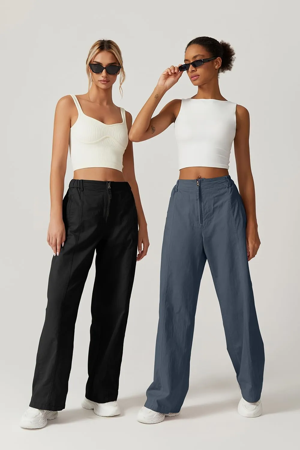 QINSEN Womens Zip Front Wide Leg Long Pants High Waist Causal Cargo Pants Cotton Pocket Palazzo Pants