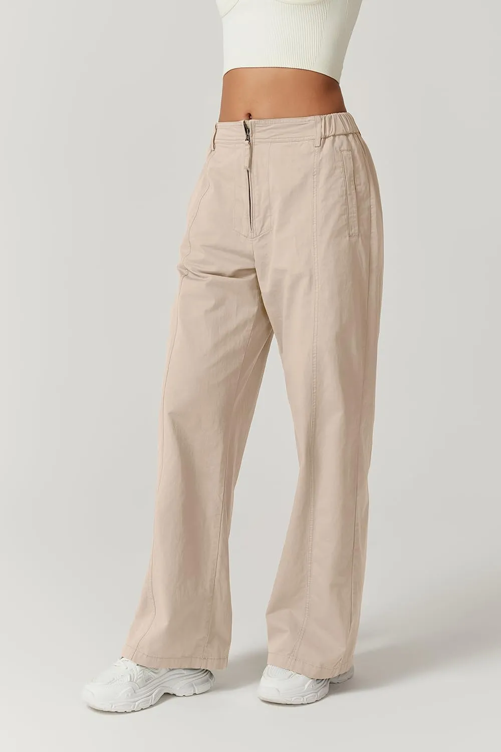 QINSEN Womens Zip Front Wide Leg Long Pants High Waist Causal Cargo Pants Cotton Pocket Palazzo Pants