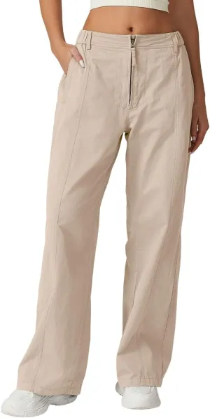 QINSEN Womens Zip Front Wide Leg Long Pants High Waist Causal Cargo Pants Cotton Pocket Palazzo Pants