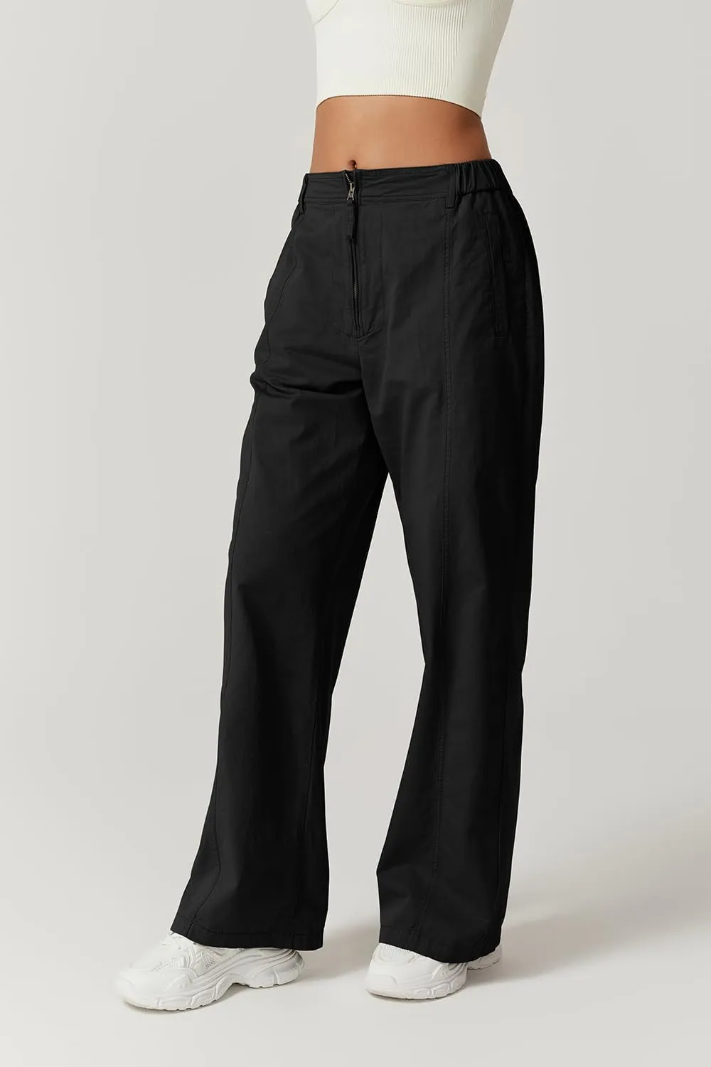 QINSEN Womens Zip Front Wide Leg Long Pants High Waist Causal Cargo Pants Cotton Pocket Palazzo Pants
