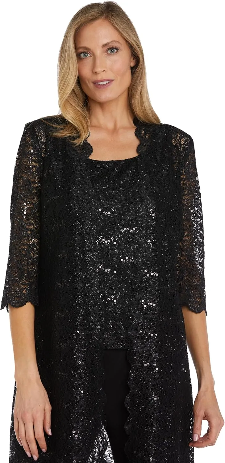 R&M Richards Women's Scallop Lace Duster Pant Set