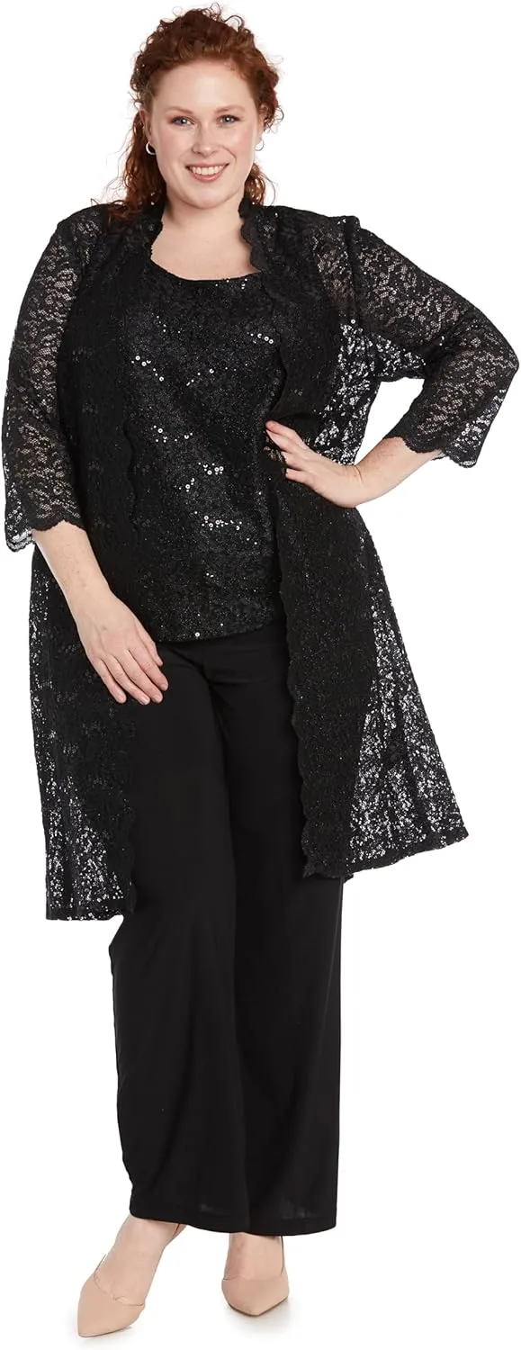 R&M Richards Women's Scallop Lace Duster Pant Set