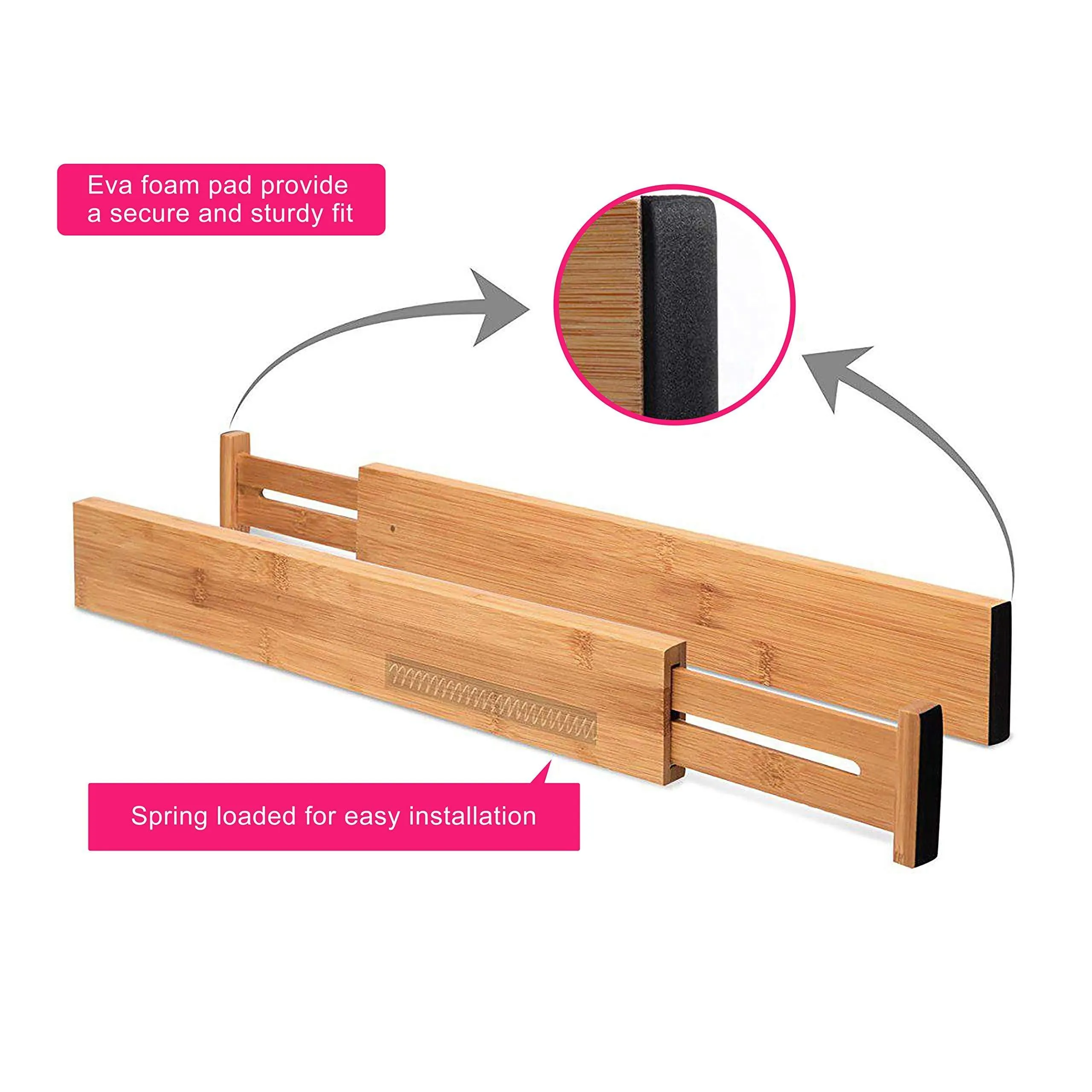 RAPTUROUS Bamboo Drawer Dividers - Pack Of 5 Expandable Drawer Organizers With Anti-Scratch Foam Edges - Adjustable Drawer Organization Separators For Kitchen, Bedroom, Baby Drawer, Bathroom & Desk