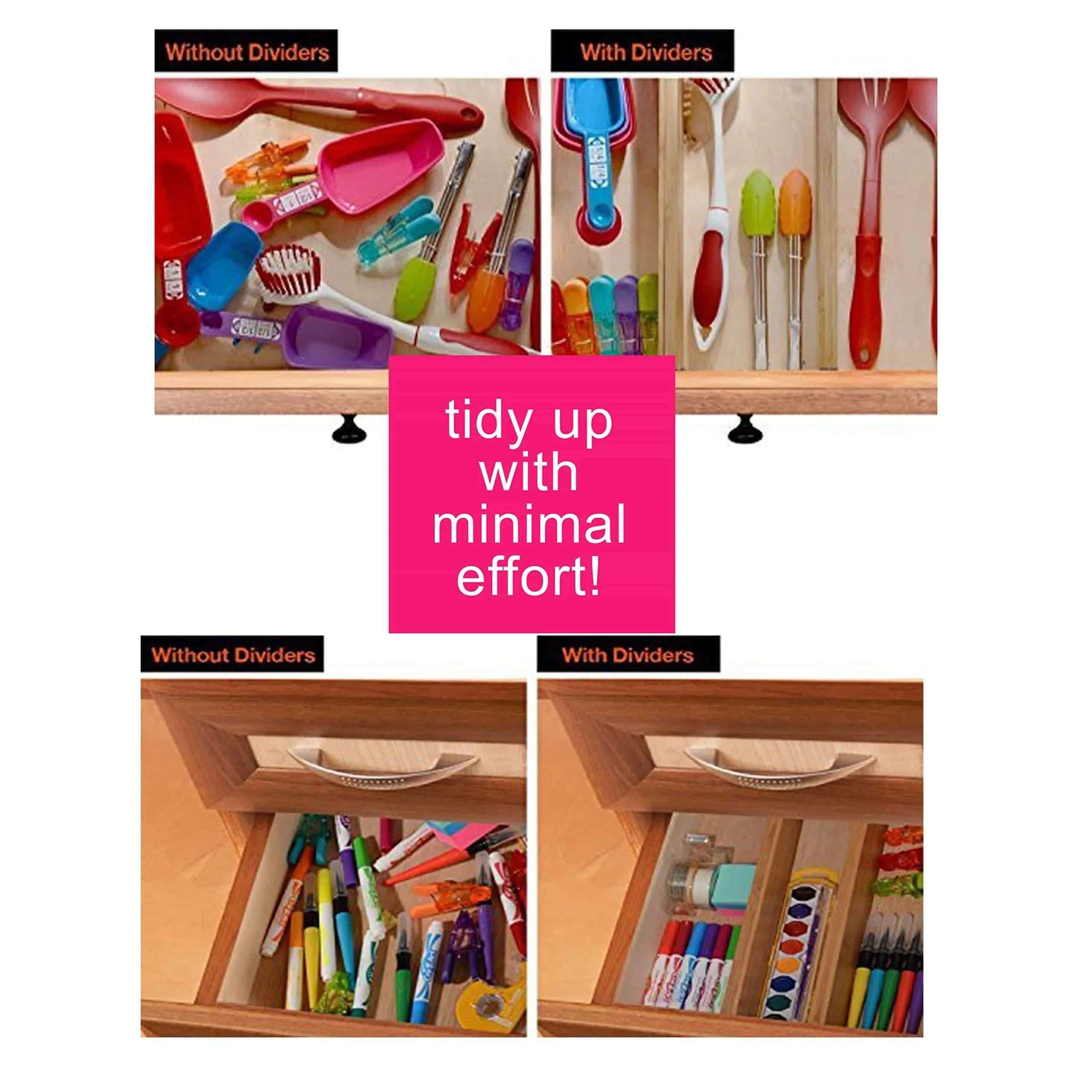 RAPTUROUS Bamboo Drawer Dividers - Pack Of 5 Expandable Drawer Organizers With Anti-Scratch Foam Edges - Adjustable Drawer Organization Separators For Kitchen, Bedroom, Baby Drawer, Bathroom & Desk