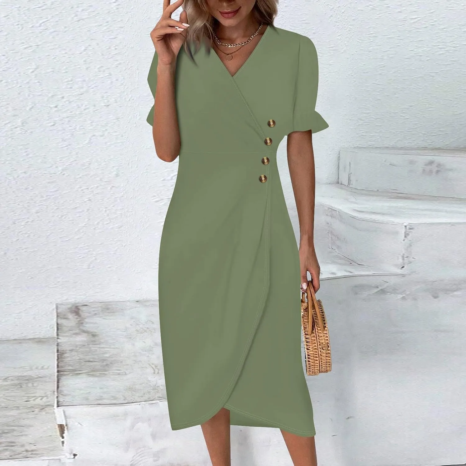 Resort Dresses for Women,Summer Elegant Wrap V Neck Floral Boho Dress Flowy Ruched Hawaiian Summer Dress