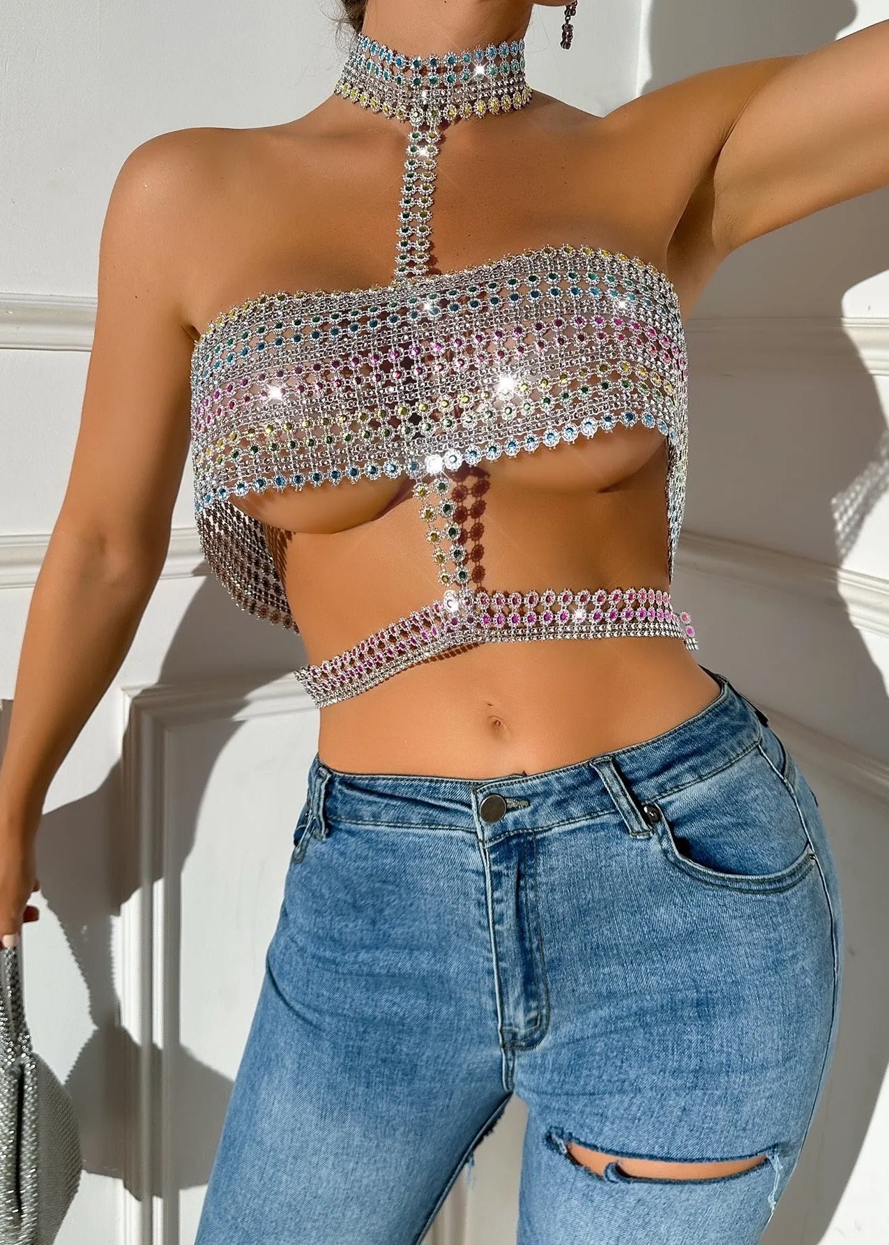 Rhinestone Stitching Halter-Neck Tube Top