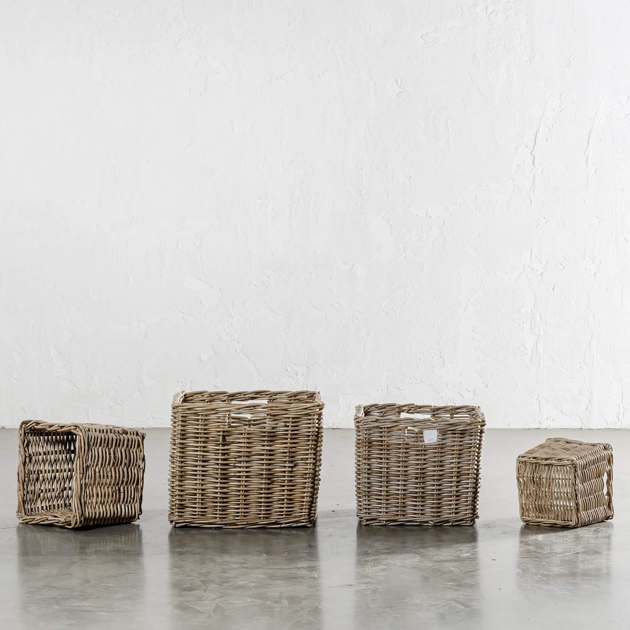 RIVIERE RATTAN SQUARE BASKET BUNDLE X4  |  SMALL   MEDIUM   LARGE   X-LARGE