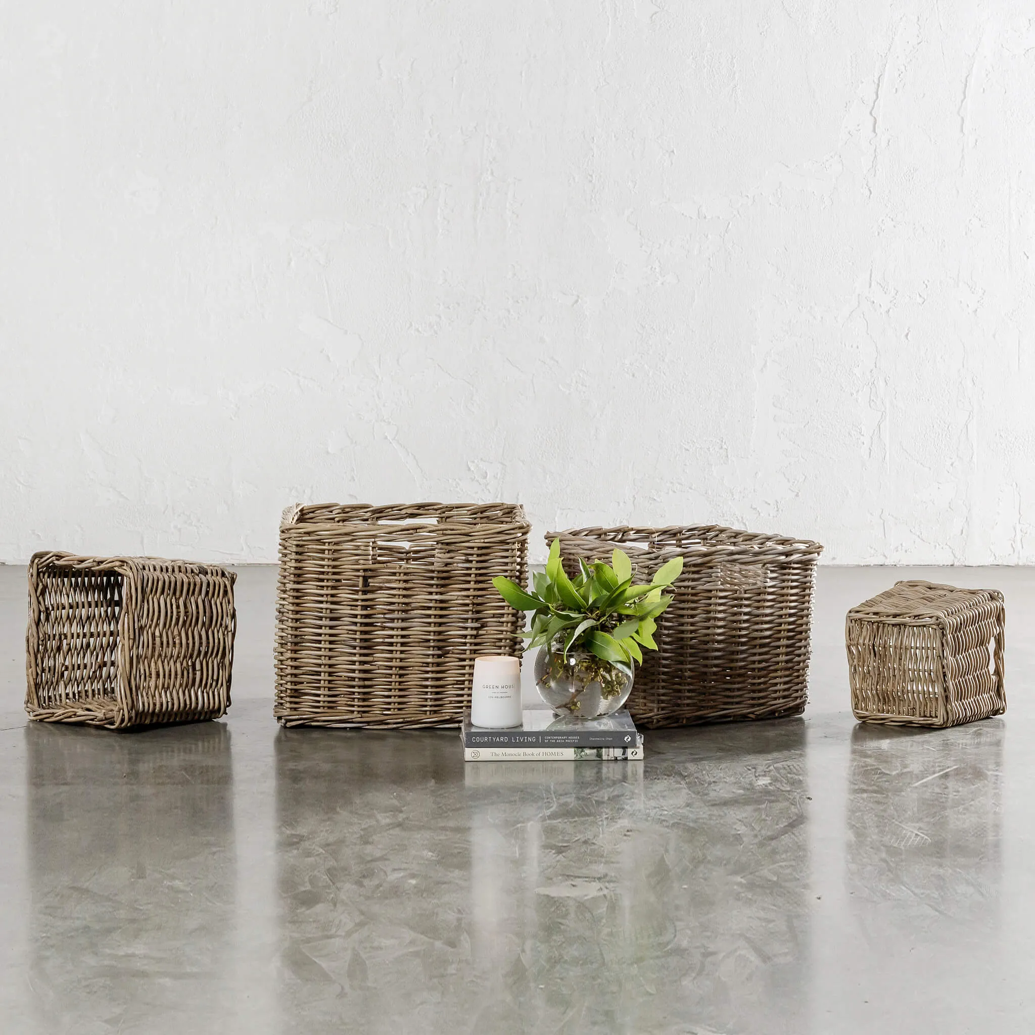 RIVIERE RATTAN SQUARE BASKET BUNDLE X4  |  SMALL   MEDIUM   LARGE   X-LARGE