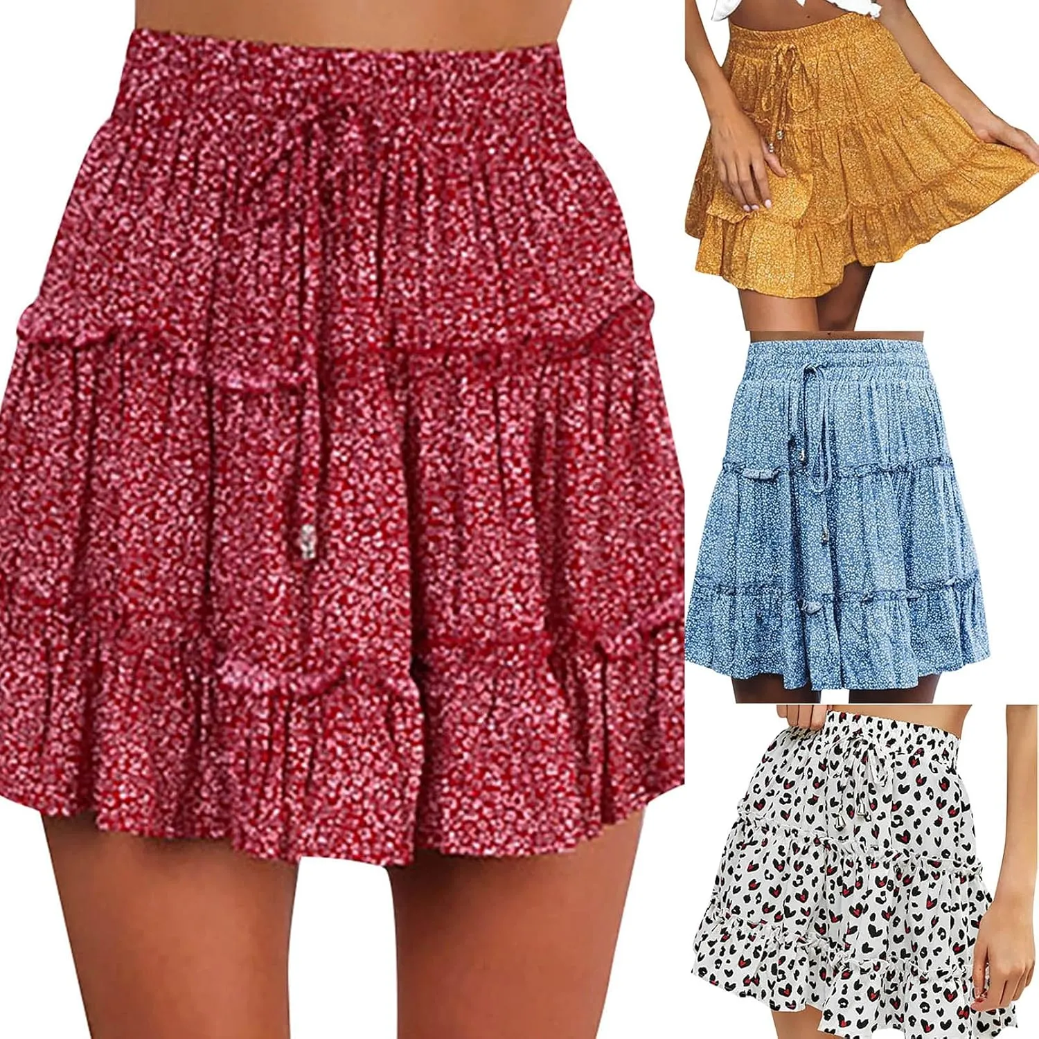 RKSTN Skirts for Women High Waist Ruffled Floral Print Skorts Bohe Beach Short Skirt Tennis Skirt Summer Casual Skirt