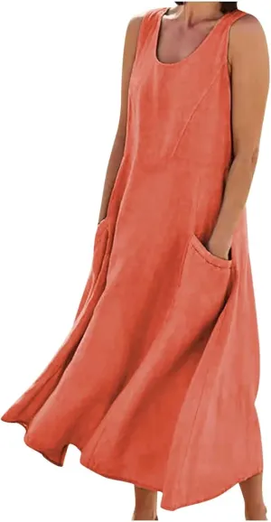 RKSTN Women Plain Cotton Linen Dresses Summer Sleeveless Maxi Dress Boho Casual Plus Size Loose Fit Long Dress with Pockets