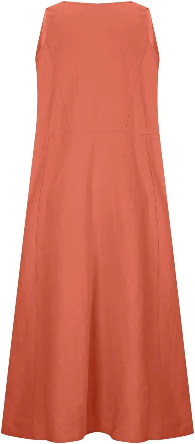 RKSTN Women Plain Cotton Linen Dresses Summer Sleeveless Maxi Dress Boho Casual Plus Size Loose Fit Long Dress with Pockets