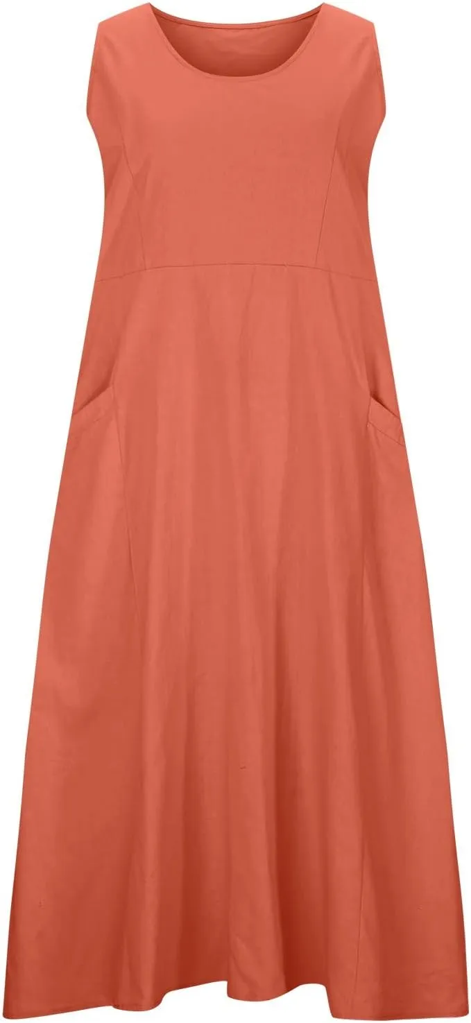 RKSTN Women Plain Cotton Linen Dresses Summer Sleeveless Maxi Dress Boho Casual Plus Size Loose Fit Long Dress with Pockets