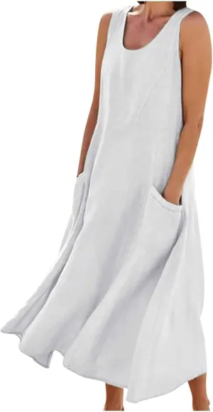 RKSTN Women Plain Cotton Linen Dresses Summer Sleeveless Maxi Dress Boho Casual Plus Size Loose Fit Long Dress with Pockets