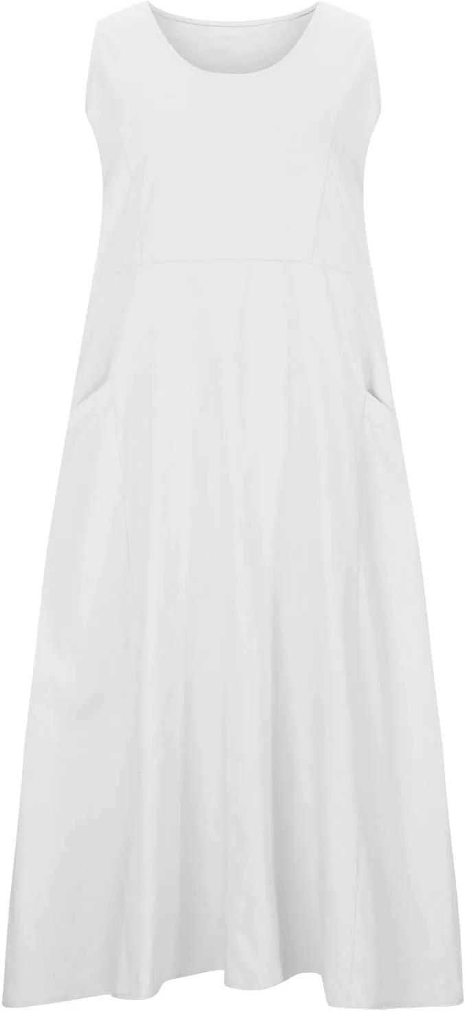 RKSTN Women Plain Cotton Linen Dresses Summer Sleeveless Maxi Dress Boho Casual Plus Size Loose Fit Long Dress with Pockets