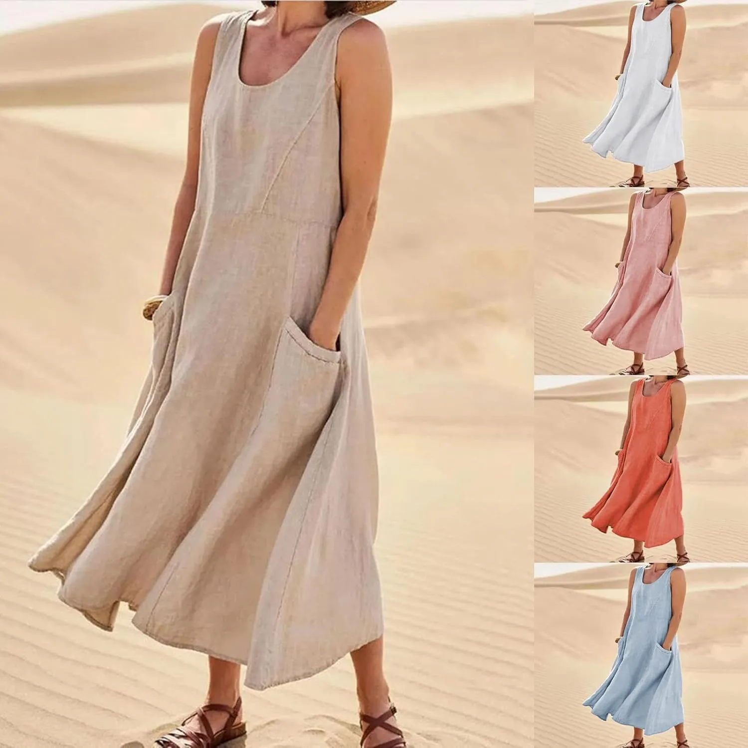 RKSTN Women Plain Cotton Linen Dresses Summer Sleeveless Maxi Dress Boho Casual Plus Size Loose Fit Long Dress with Pockets