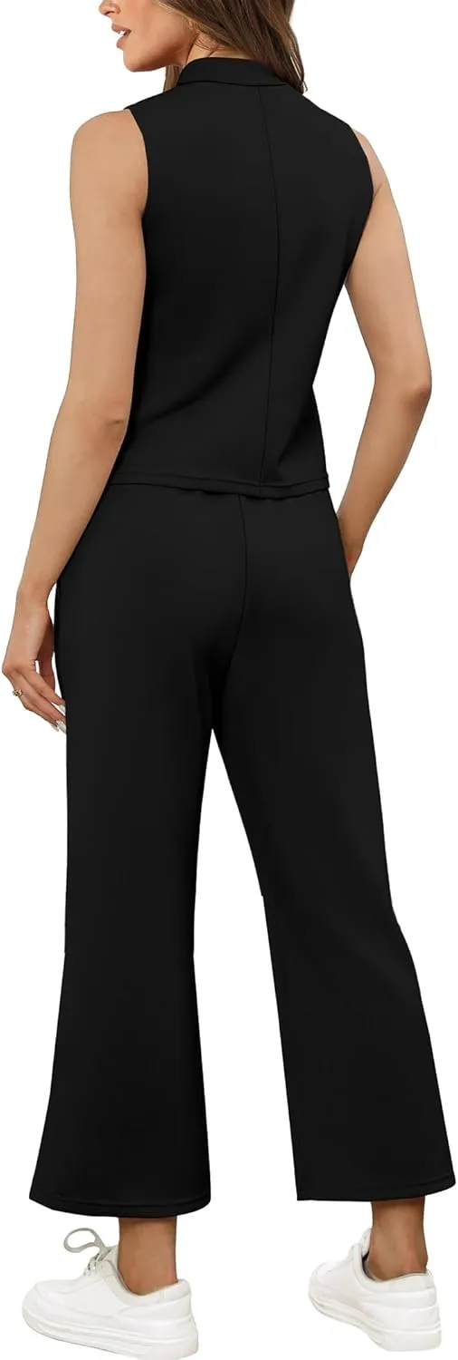 SAMPEEL Two Piece Sets for Women Summer Outfits Lounge Sets Mock Neck Tops Wide Leg Crop Pants Vacation Travel Outfits