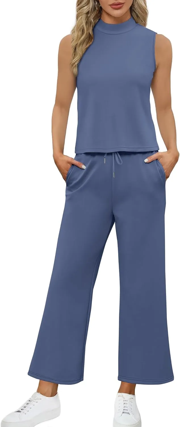 SAMPEEL Two Piece Sets for Women Summer Outfits Lounge Sets Mock Neck Tops Wide Leg Crop Pants Vacation Travel Outfits