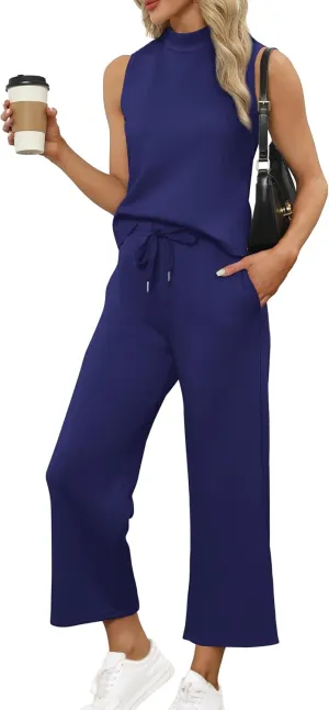 SAMPEEL Two Piece Sets for Women Summer Outfits Lounge Sets Mock Neck Tops Wide Leg Crop Pants Vacation Travel Outfits