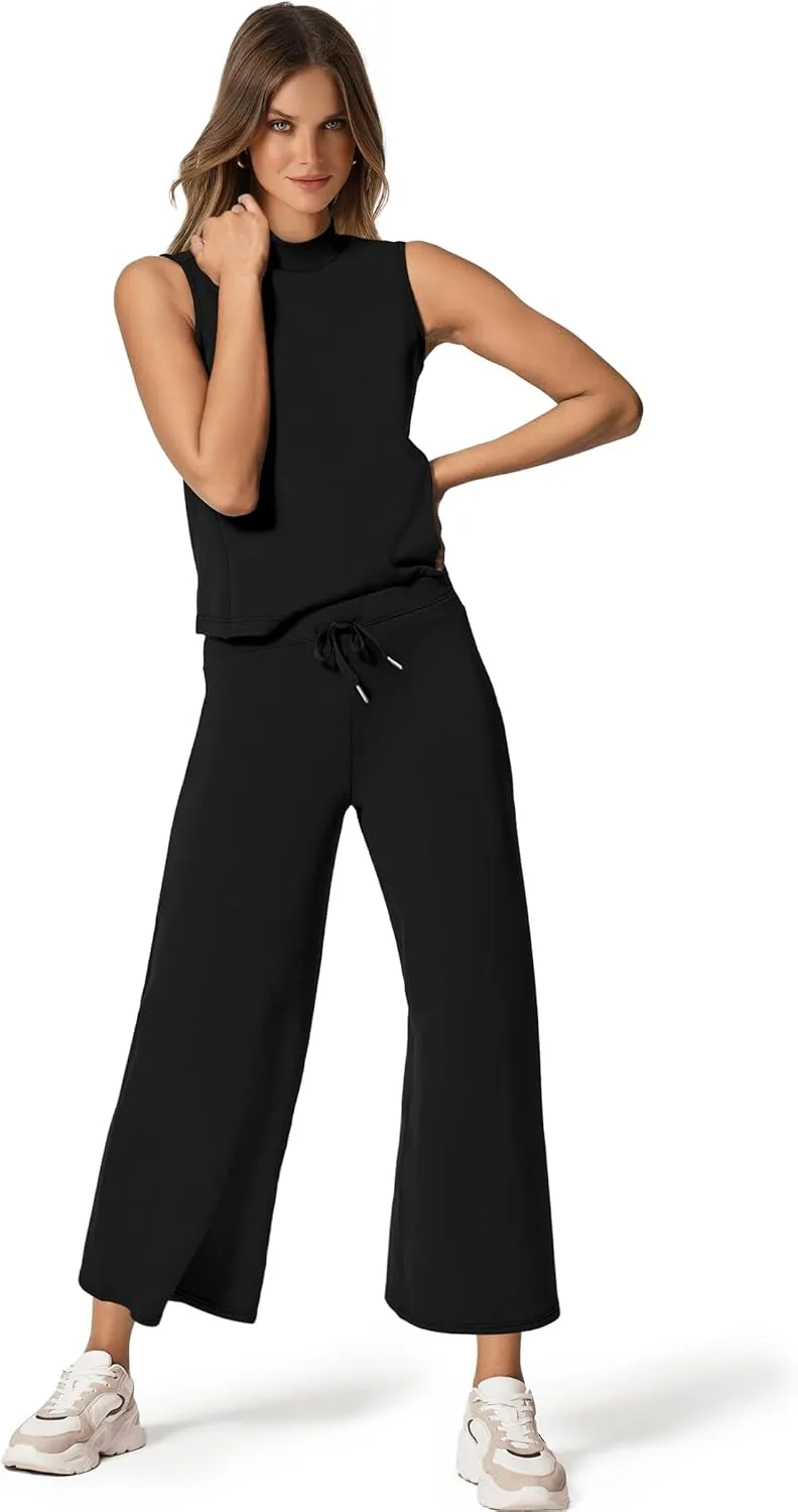 SAMPEEL Two Piece Sets for Women Summer Outfits Lounge Sets Mock Neck Tops Wide Leg Crop Pants Vacation Travel Outfits