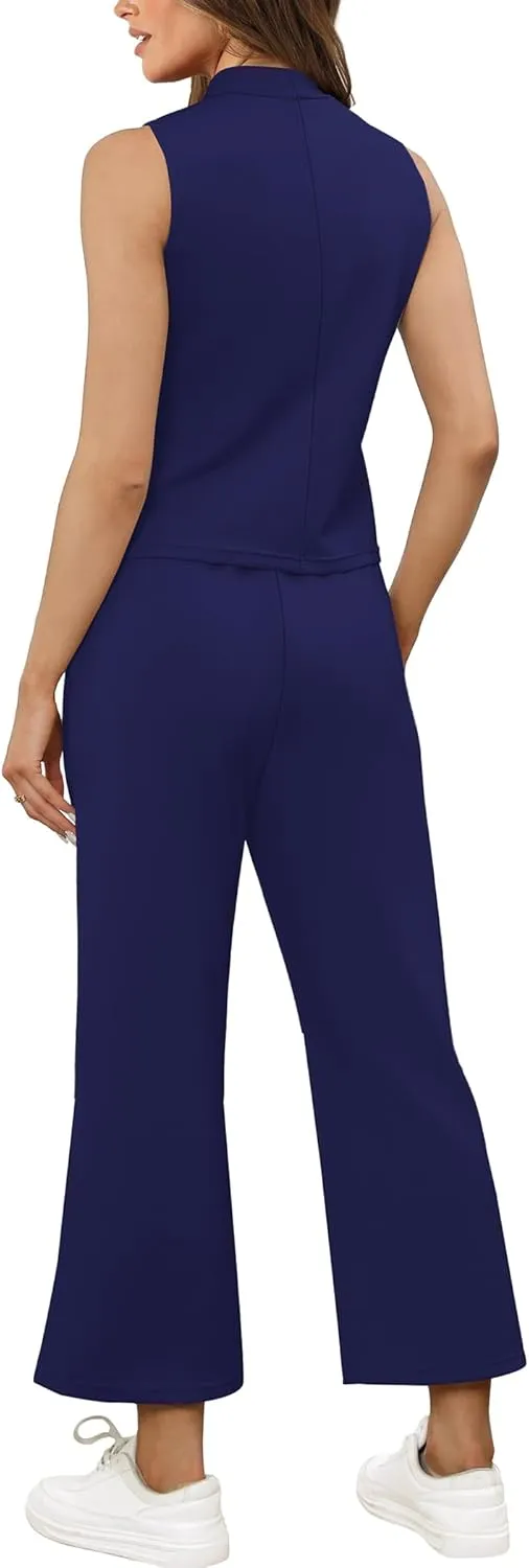 SAMPEEL Two Piece Sets for Women Summer Outfits Lounge Sets Mock Neck Tops Wide Leg Crop Pants Vacation Travel Outfits