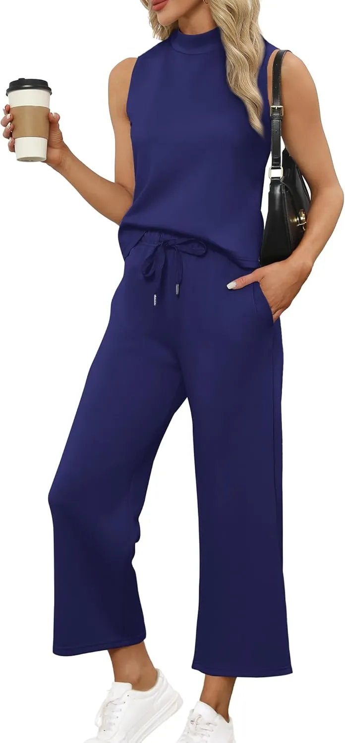 SAMPEEL Two Piece Sets for Women Summer Outfits Lounge Sets Mock Neck Tops Wide Leg Crop Pants Vacation Travel Outfits